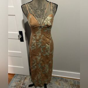 Urban Outfitters Peach Floral Strappy Corset Back Long Slitted Dress